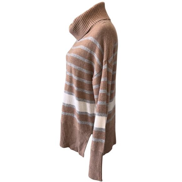NEW Magaschoni Toasted Brown Combo Stripe Cashmere Turtleneck Sweater Size L - Picture 3 of 6